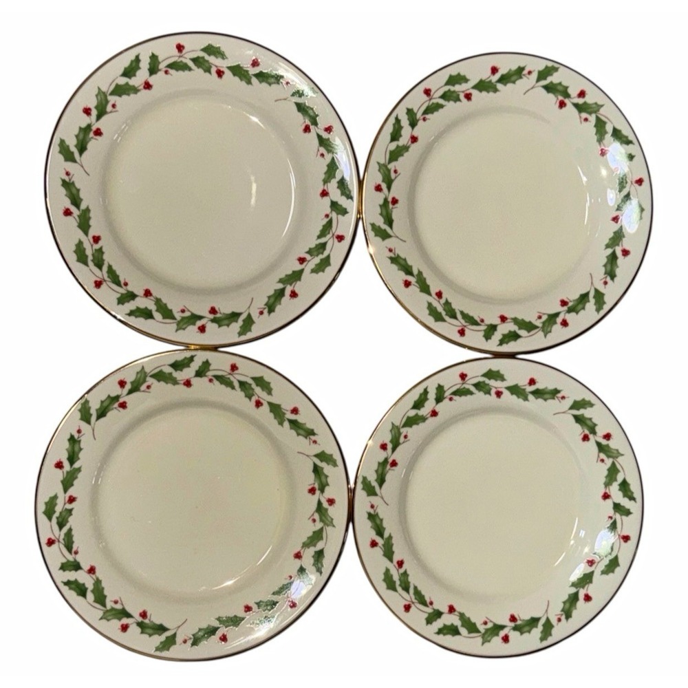 Lenox Holiday Dimension Bread & Butter Plates Set of 4 6" Holly Gold Rim